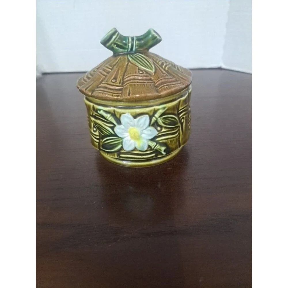 Vintage Tilso Japan Green Bamboo Ceramic Handpainted Sugar Bowl